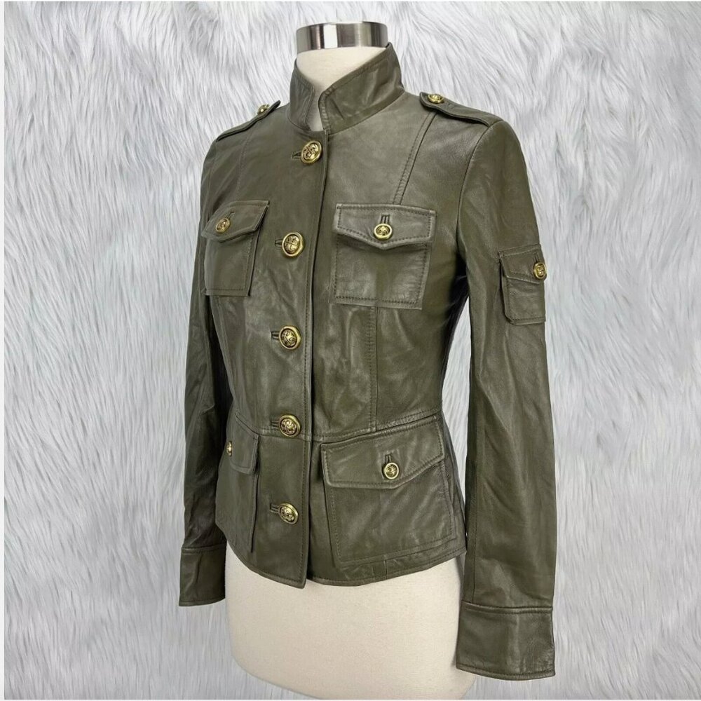 Tory Burch Sergeant Pepper Olive Green BUTTER SOFT Leather Military Jacket - Picture 3 of 16